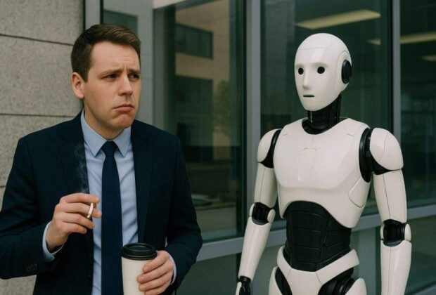Un corporatist înlocuit de un robot la job nu înțelege de ce ăla nu ia pauze de țigară