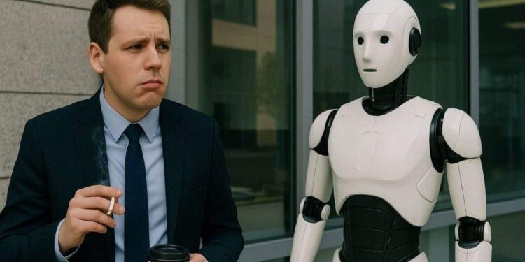 Un corporatist înlocuit de un robot la job nu înțelege de ce ăla nu ia pauze de țigară