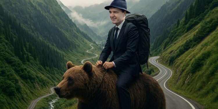 Omul extremelor! După imaginile cu el în pijamale, Nicușor a călărit un urs pe Transfăgărășan