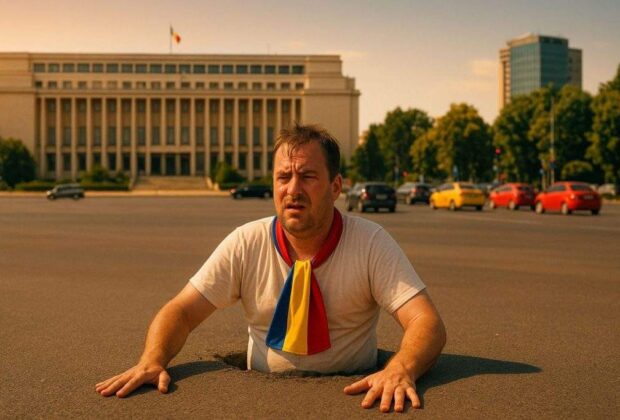 Un suveranist a rămas înfipt în Piața Victoriei după ce s-a dat prea tare cu curul de pământ