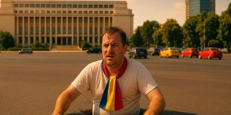 Un suveranist a rămas înfipt în Piața Victoriei după ce s-a dat prea tare cu curul de pământ