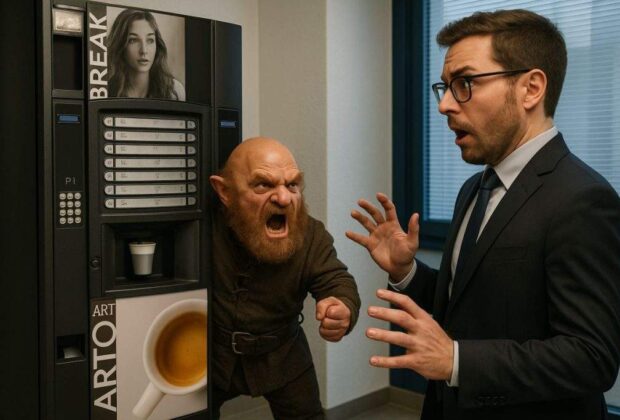 Corporatist care a dat cu piciorul în aparatul de cafea, atacat de piticul din interior