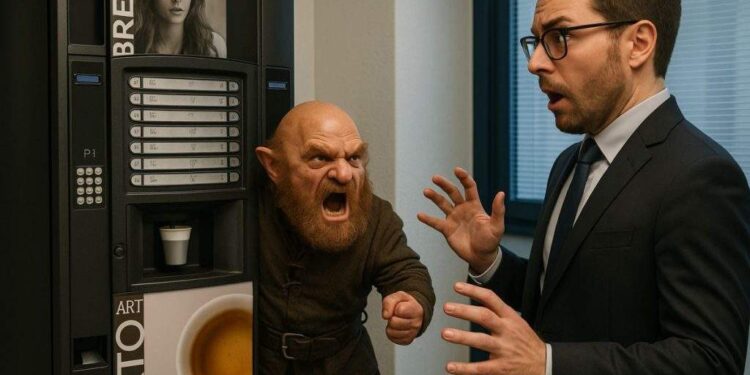 Corporatist care a dat cu piciorul în aparatul de cafea, atacat de piticul din interior