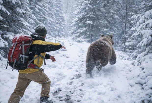 S-a întors roata! Urs fugărit de un turist care voia să se încălzească cu el