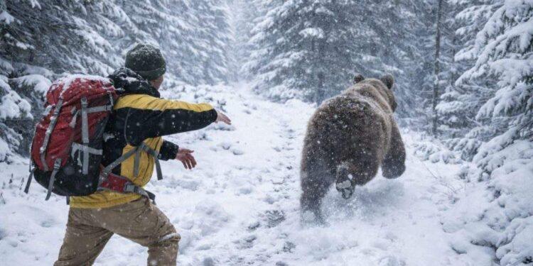 S-a întors roata! Urs fugărit de un turist care voia să se încălzească cu el